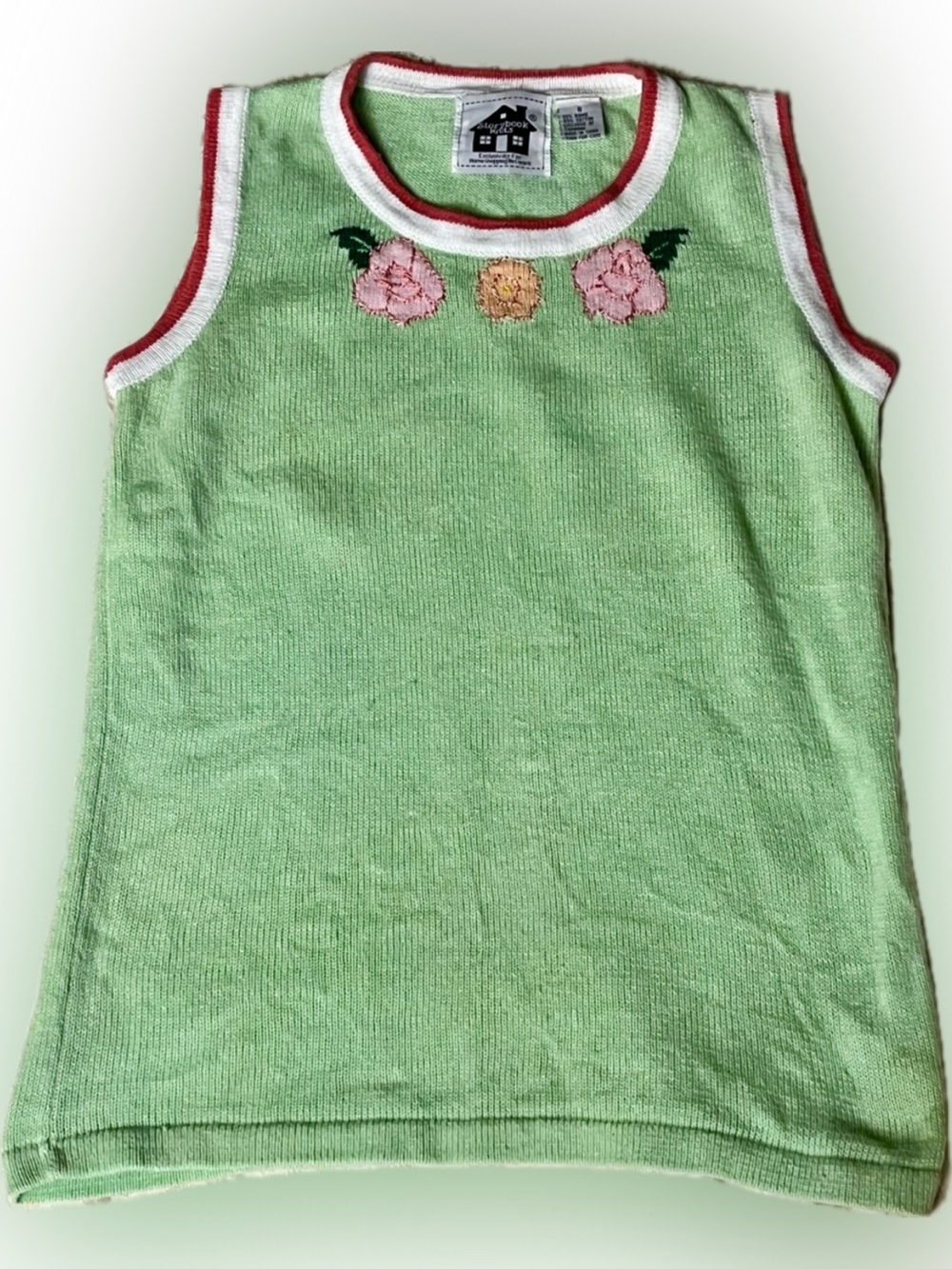 Vintage Storybook Knits Embroidered Floral Sweater Vest Tank Top Green Small